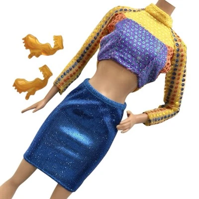 Barbie Brillante Top Corto Azul Metálico Falda Zapatos Glamour Moda Muñeca Conjunto Foto 1 de 4