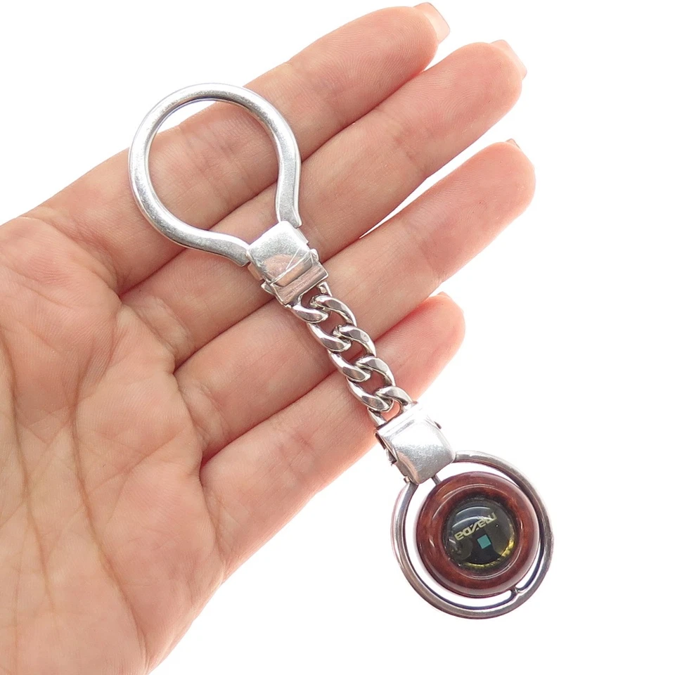 925 Sterling Silver Vintage Italy Wood Mazda Logo Key Fob Chain Ring - Image 1 of 4