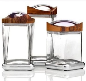 Nambe 2011 Neil Cohen Twist Glas Aluminium & Holz Kanister 3 Stück Set Selten - Bild 1 von 12
