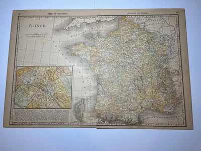 1890 2-Piece Map of FRANCE Fm 1890 Rand-McNally Atlas SEE PICs & DESCRIP - Image 1 of 4