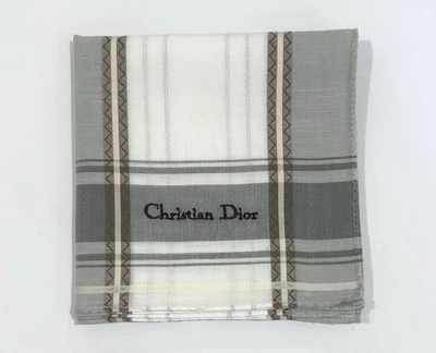 Handkerchief Man Christian Dior Striped White Gray Pocket Square Cotton 18” - Image 1 of 4