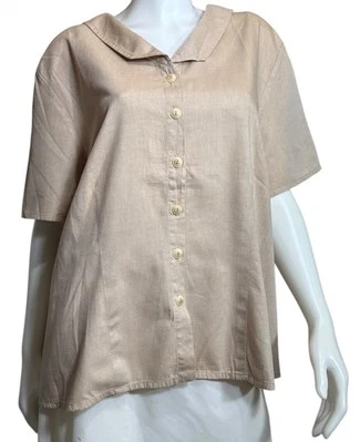 FLAX Shirt Generous Short Sleeved Top Cotton Beige Button Up Blouse Plus Size G - Image 1 of 4