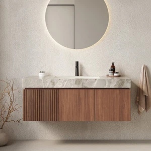 48" Wall Mounted Bathroom Vanity Ceramic Sink, Drawer, Sintered Stone Countertop - Picture 1 of 6