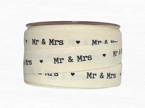 Mr and Mrs Cream Cotton Ribbon with Mr and Mrs Printed in Black 22mm Wide - Picture 1 of 6