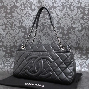 CHANEL Caviar Skin Leather Black Chain Tote Bag Shoulder Bag #2648 Rise-on - Picture 1 of 14