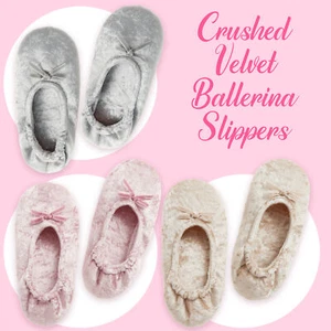 Ladies Ballerina Style Slippers Crushed Velvet Velour Womens Indoor Slippers UK - Picture 1 of 19