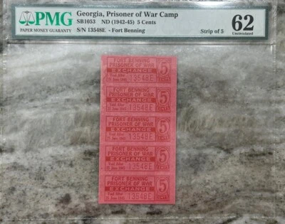 WWII POW USA Camp Chit Uncut Fort Benning Georgia 5 Cents Prisoner of War PMG 62 - Image 1 of 3