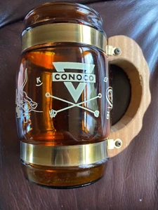 Vintage Conoco Siesta Ware Becher Western. Gas/Öl Werbung. Bernstein mit Holzgriff - Bild 1 von 9