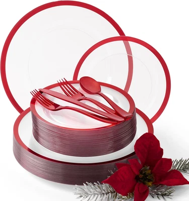 Platos y cubiertos de plástico navideño de 150 piezas HEAVYWEIGHT DE Madee | Transparente y rojo Foto 1 de 4