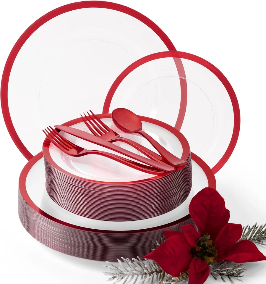 作者 Madee HEAVYWEIGHT 150 件圣诞塑料盘子和餐具 | 透明红色 — 第 1/4 张图片
