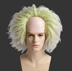 Peluca de pelo ondulado encrespado verde blanco con gorra calva fantasma loco zombi peluca de Halloween - Imagen 1 de 6