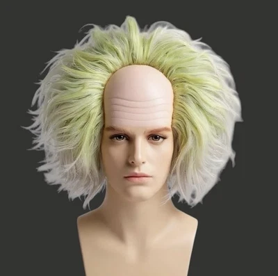 Peluca de pelo ondulado encrespado verde blanco con gorra calva fantasma loco zombi peluca de Halloween Foto 1 de 4