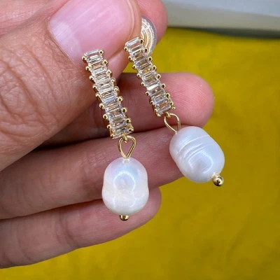 Pendientes de perlas naturales de agua dulce chapados en oro de 14K circón clip regalo nupcial NUEVO Foto 1 de 4