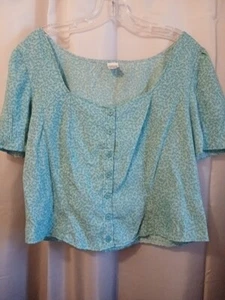 Nwt Square neck Crop Button Blouse women L Blue Turquoise Short sleeve top Speck - Picture 1 of 5
