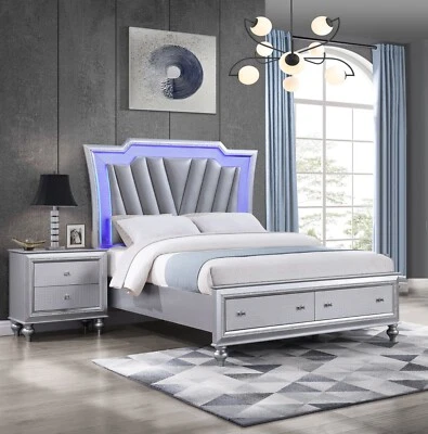 3pc Modern LED Light King Upholstery Storage Bed Nightstand Bedroom Set Silver - Image 1 of 4