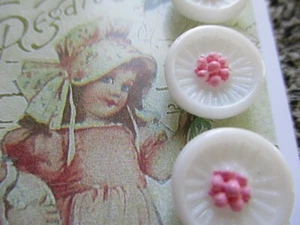 Set of 6 Vintage 1/2" White Pink Daisy Flower Glass Buttons~Pre WWII ~1920 - Picture 1 of 2