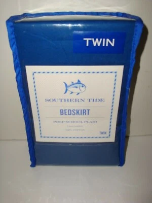 Falda de cama doble a cuadros Southern Tide Prep School azul liso con ribete blanco Foto 1 de 4