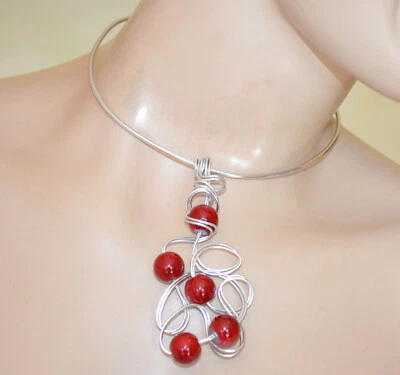 Collana donna girocollo argento ciondolo multi fili pietre rosse alluminio CX16 - Immagine 1 di 2