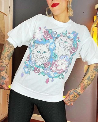 Blusa DEADSTOCK PUFF PAINT 80s 1980’s Vintage Gatos Pulôver Gola Redonda M - Imagem 1 de 4