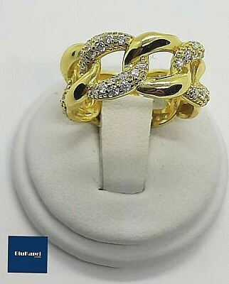 Anello donna argento 925 oro giallo grumetta cubana con zirconi bianchi - Immagine 1 di 4