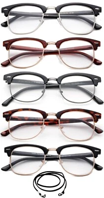 Paquete de 5 gafas de lectura estilo vintage de media montura cómodas con marco mixto con cordón Foto 1 de 4