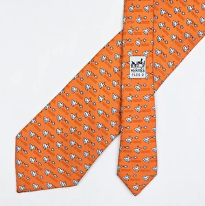 Hermes Tie Silk Necktie 5208 IA Duck & Fish on Orange - Picture 1 of 6