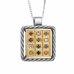 Kabbalah Rectangle Pendant with Breastplate stones Hoshen Silver 925 Gold 9K - Picture 1 of 6