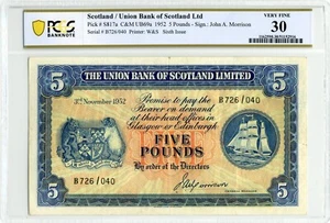 1952 £5 Union Bank of Scotland Ltd. - PCGS VF 30 - Picture 1 of 2