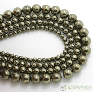 Natural Iron Pyrite Gemstone Round Beads 2mm 3mm 4mm 6mm 8mm 10mm 12mm 14mm 16'' - Picture 1 of 18