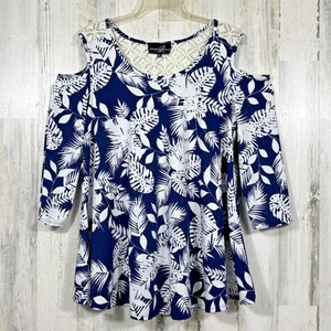 Lexington Ave Women XL Tunic Blue & White 3/4 Sleeve Cold Shoulder Crochet Lace - Picture 1 of 18