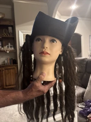 Adult Distressed Black Carribean Pirate Costume TriCorn Hat wBeaded Dreadlockg29 - Image 1 of 4