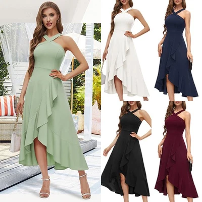 Ladies Halterneck Off Shoulder Long Dress Evening Ruffle Dresses Party Prom SIZE - Image 1 of 4