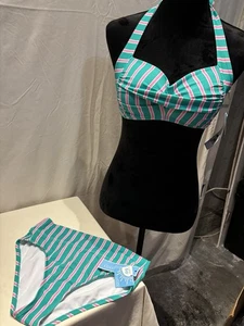 Draper James Bikini Swimsuit, Green/Pink Stripe, Halter Top, 2 Piece, Sz S, NWT - Picture 1 of 6