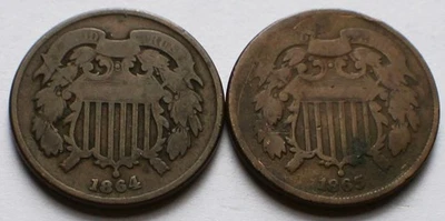 1864 + 1865 Two Cents Pieces Large Motto G/VG, Two 2C Penny coins - Image 1 of 2