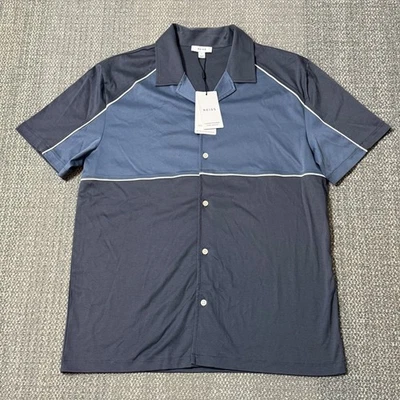 NUEVO CON ETIQUETAS REISS Gino Camisa Abotonada Cuello Cubano Mercerizado Bloque de Color Azul Grande Foto 1 de 4