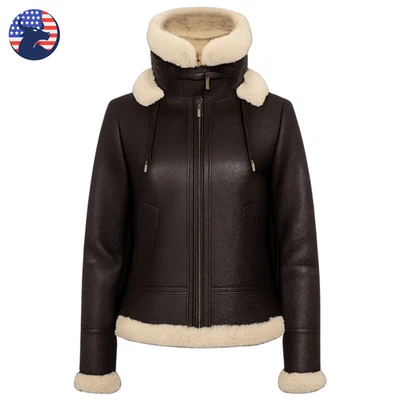 Mujer Marrón Aviador RAF Bombardero B3 Piel de Oveja Piel Con Capucha Chaqueta de Cuero Foto 1 de 4