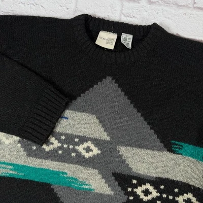 Vintage Sostanza Black Geometric Print Sweater Shetland Wool Unisex Size Large - Image 1 of 4