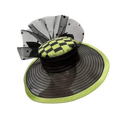 Whittall & Shon Black Green Wide Brim Hat Check Crown Bow Accent 21.5” - Image 1 of 4