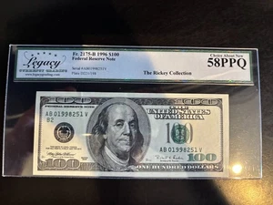 DBR 1996 $100 FRN New York Fr. 2175-B Legacy 58 PPQ Serial AB01998251V - Picture 1 of 2