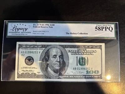 DBR 1996 $100 FRN New York Fr. 2175-B Legacy 58 PPQ Serial AB01998251V - Image 1 of 2