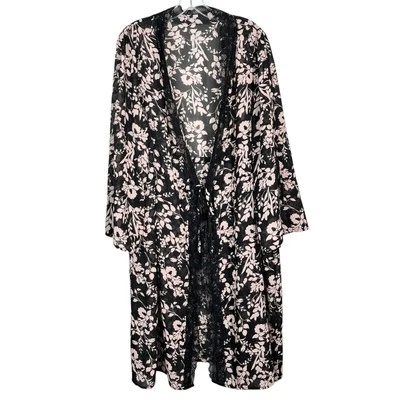 Catherines Sleepwear черный розовый кружевной отделки галстук спереди легкий халат кимоно 0 X - Изображение 1 из 4