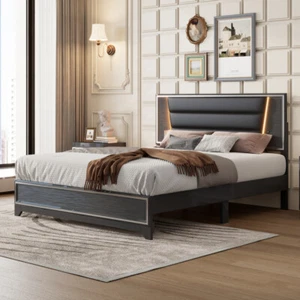 Queen Size PU Upholstered Bed, Headboard with LED and Shiny Decoration, Black - Picture 1 of 14