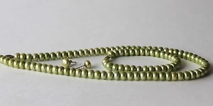 Sterling Silver Green Cultured Fresh Water Pearl Necklace Bracelet Earring Set - Picture 1 of 8