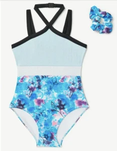 Justice Trikotard Mädchen M (10) Dancewear Blumenmuster mit Haaren Scrunchie Eisblau - Bild 1 von 5