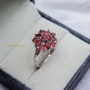 Round Floral Cocktail Natural Garnet 925 Sterling Silver Ring For Birthday Gift - Picture 1 of 5