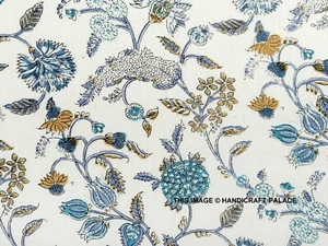 Blocco a mano indiano Sanganeri stampato blu stampa floreale tessuto 5 iarde - Foto 1 di 3