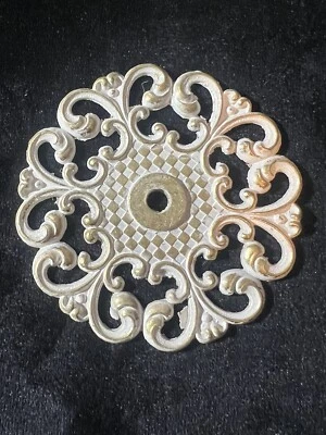 Vintage French Provincial Backplate Drawer Pull White Gold Checker Allison Japan - Image 1 of 3