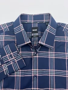 Boss Shirt Mens XL 17.5 Slim Fit Stretch Button Up Long Sleeve Multicolor Plaid - Picture 1 of 11