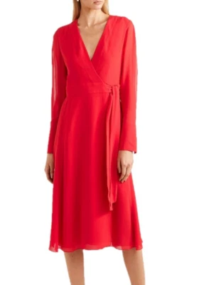 Vestido envolvente midi de seda manga larga Akris para mujer $3990 en rojo carmín talla 10 Foto 1 de 4