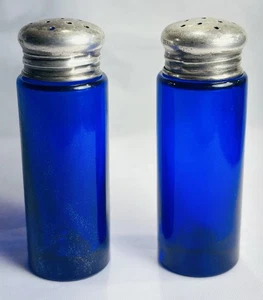 Vintage Cobalt Blue Glass Sterling Silver Top Salt And Pepper Shakers - Picture 1 of 8